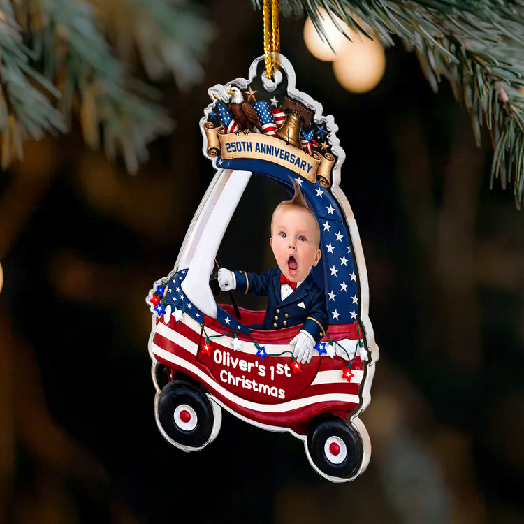 Custom Cute Face Baby First Christmas 250th Anniversary - Personalized Ornament 3