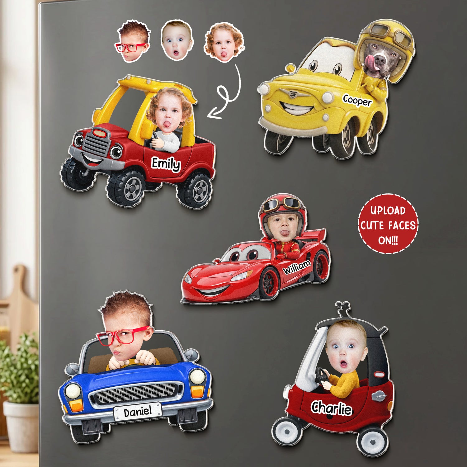 Custom Cute Kids' Face Racing Cars - Personalized Magnet 1