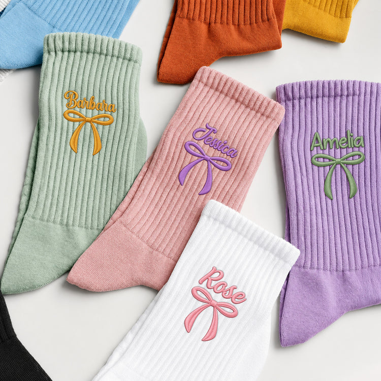 Custom Embroidered Name Colorful Coquette Bow Socks Gifts For Her - Personalized Socks 2