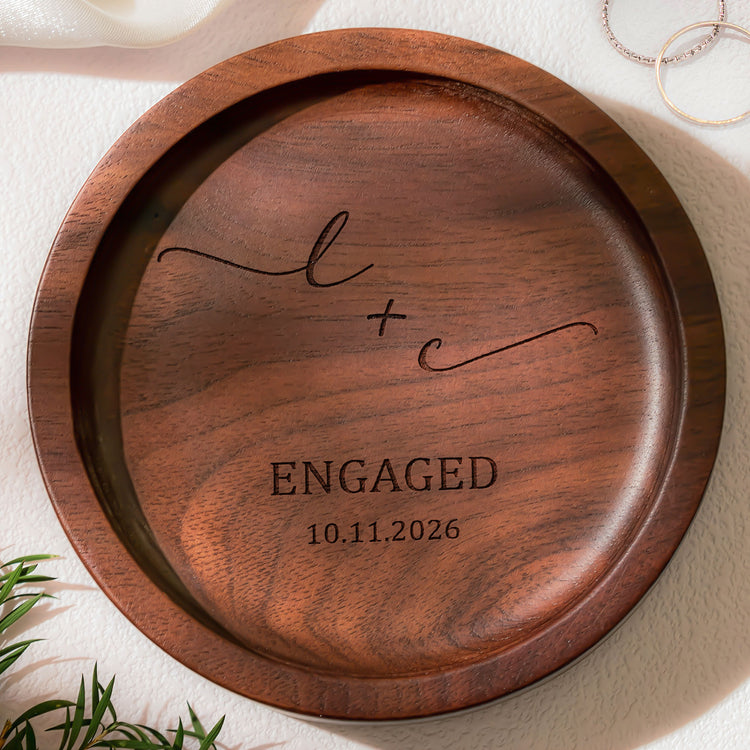 Custom Engraved Walnut Ring Tray Engagement Wedding Gifts For Couple - Personalized Jewelry Dish 3