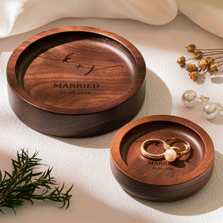 Custom Engraved Walnut Ring Tray Engagement Wedding Gifts For Couple - Personalized Jewelry Dish 4