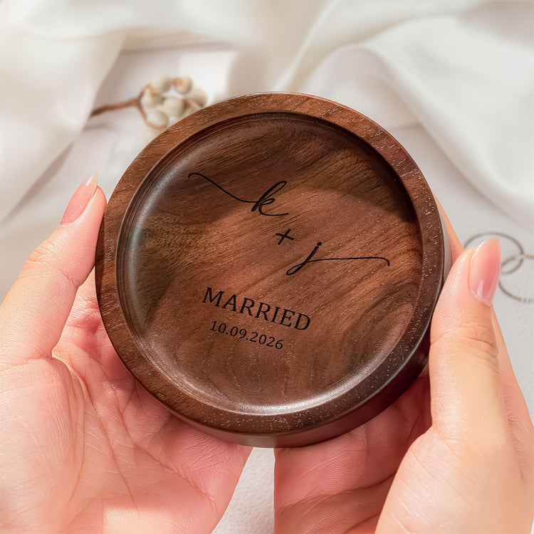 Custom Engraved Walnut Ring Tray Engagement Wedding Gifts For Couple - Personalized Jewelry Dish 5