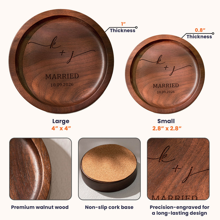 Custom Engraved Walnut Ring Tray Engagement Wedding Gifts For Couple - Personalized Jewelry Dish 7
