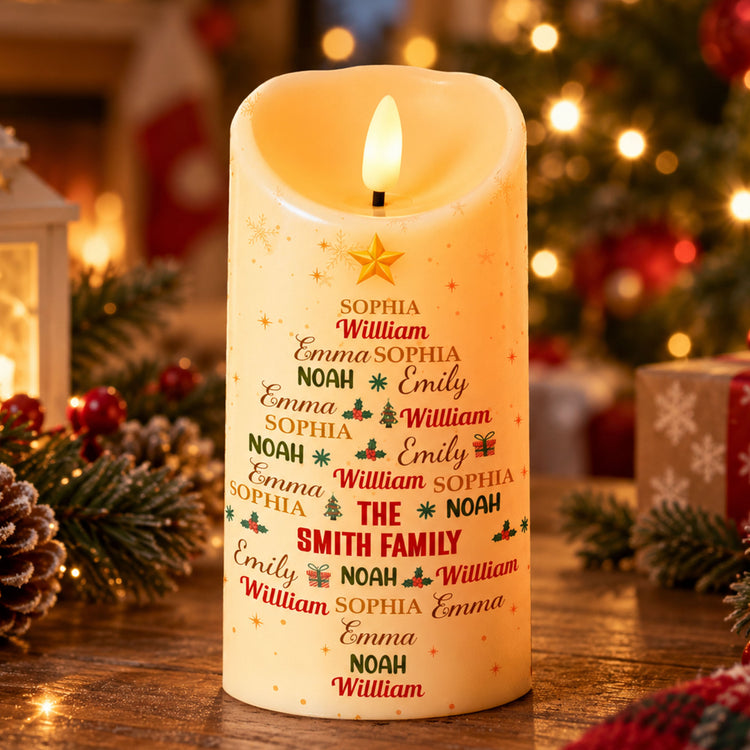 Custom Family Name Art In Christmas Tree - Personalized Candles 1