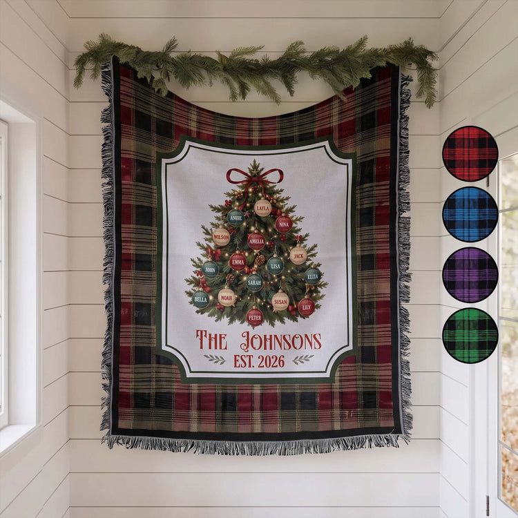 Custom Family Name On Christmas Tree Plaid Holiday Decor - Personalized Blanket 1