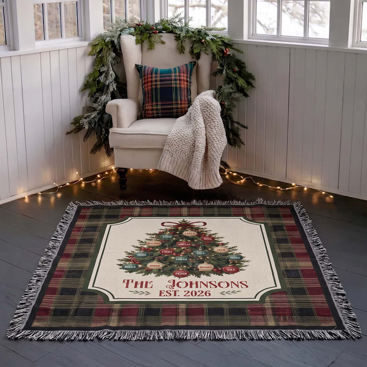 Custom Family Name On Christmas Tree Plaid Holiday Decor - Personalized Blanket 4