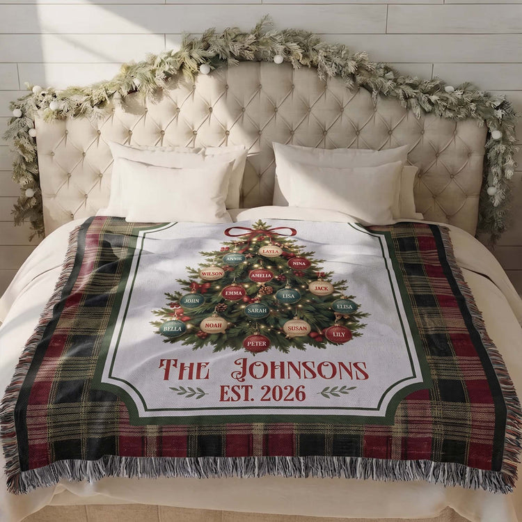 Custom Family Name On Christmas Tree Plaid Holiday Decor - Personalized Blanket 5