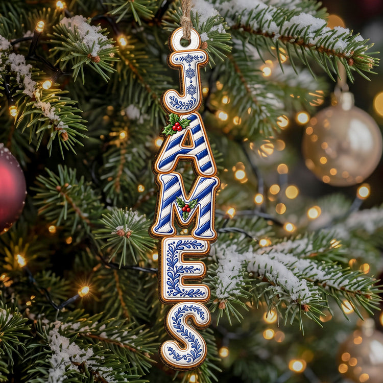 Custom Family Name Toile Ginger Bread Pattern Letter - Personalized Ornament 3
