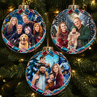 Custom Family Photo Stained Glass Christmas Gifts - Personalized Ornament