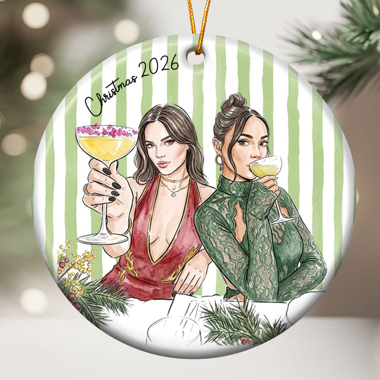 Custom Friends Photo Watercolor Art Striped Pattern - Personalized Ornament 2