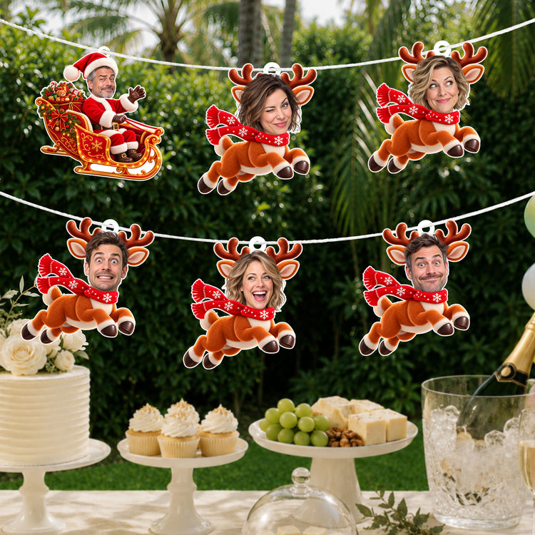 Custom Funny Face Santa Claus Sleigh Boss & Reindeer White Elephant Office Xmas Party - Personalized Garland Banner 2