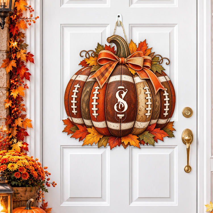 Custom Initial Football Pumpkin Fall Rustic Thanksgiving Autumn Porch Decor - Personalized Wood Sign 2