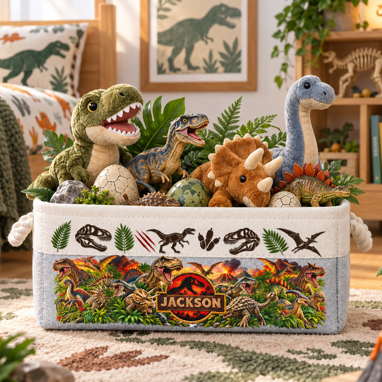 Custom Kid Name Dinosaur Jurassic T-Rex Boys Room Decor Toddler - Personalized Storage Basket 3