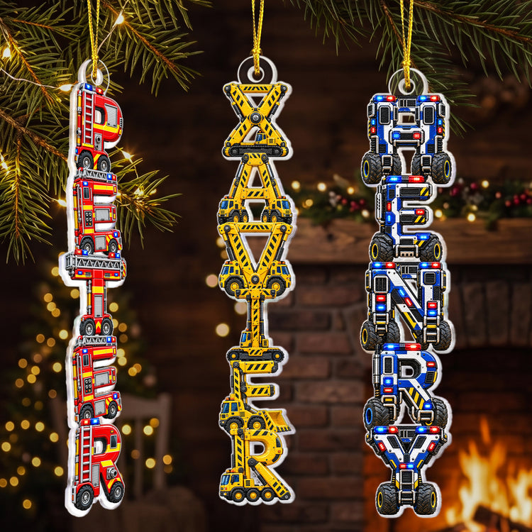 Custom Kid's Names - Construction Vehicle, Firefighter, Police - Personalized Ornament 1