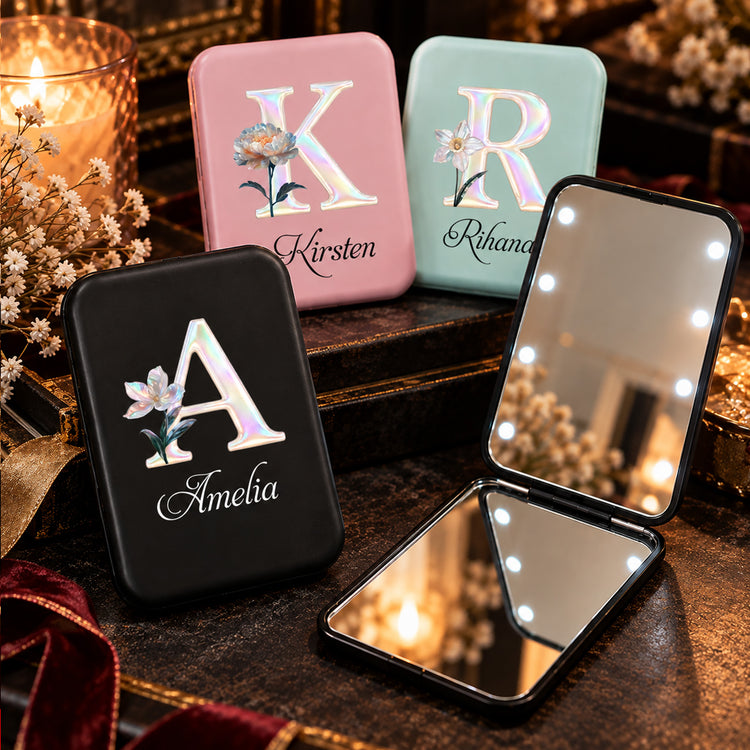 Custom Mother Of Pearl Effect Birth Flower & Initial For Her, Daughter, Coworker - Personalized Mirror 1
