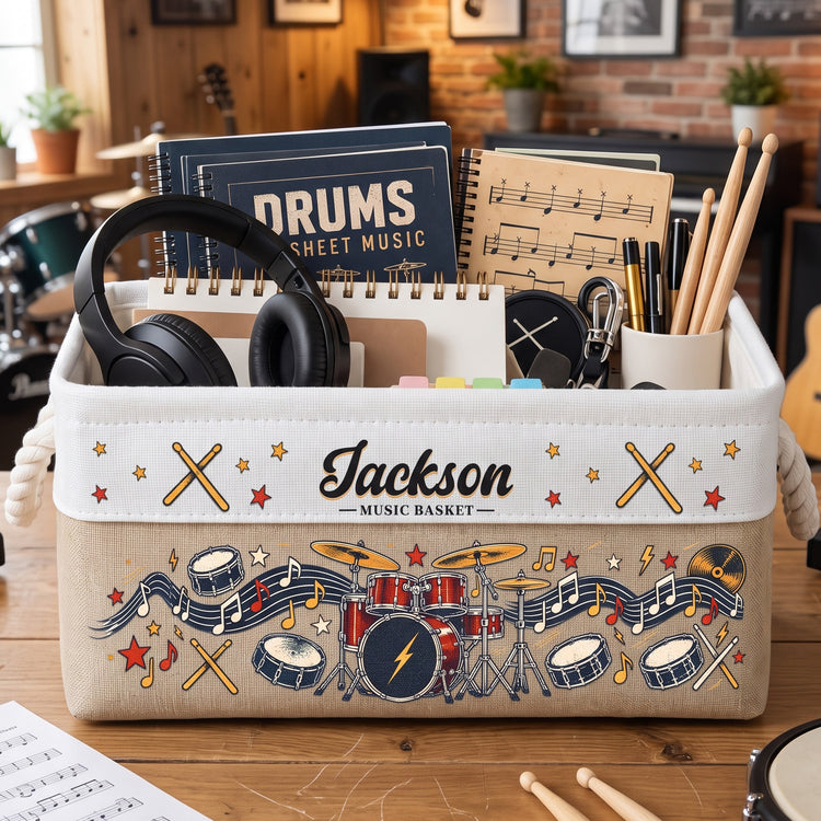 Custom Music Lovers Drums Gift For Drummers Boy, Girl, Daughter, Son - Personalized Storage Basket 1