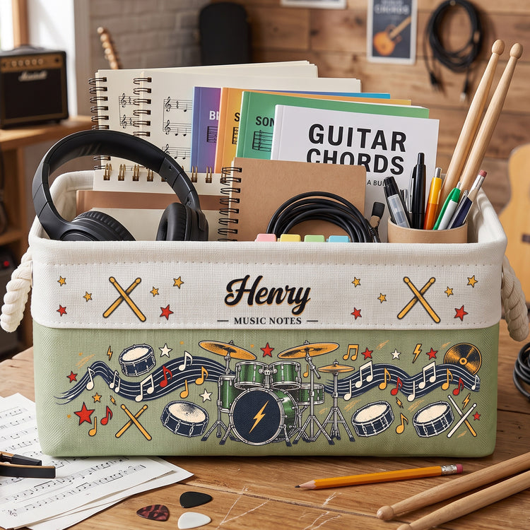 Custom Music Lovers Drums Gift For Drummers Boy, Girl, Daughter, Son - Personalized Storage Basket 2