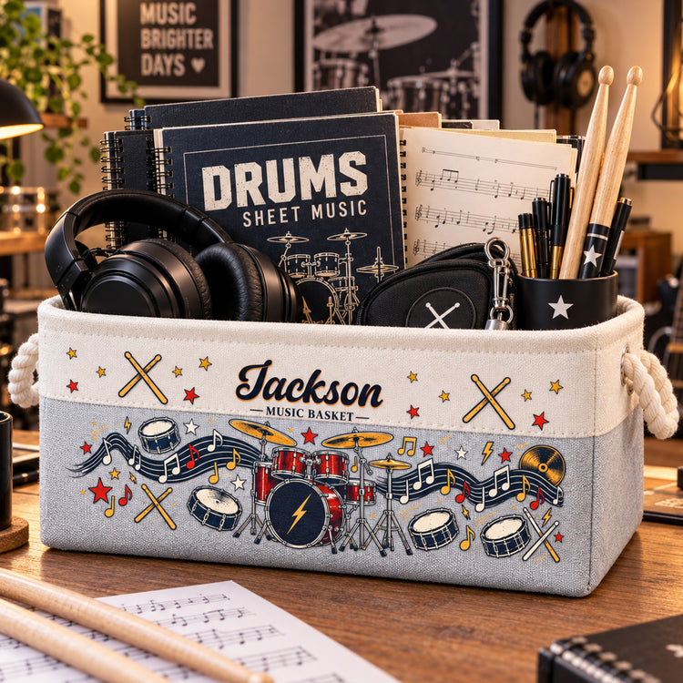 Custom Music Lovers Drums Gift For Drummers Boy, Girl, Daughter, Son - Personalized Storage Basket 3
