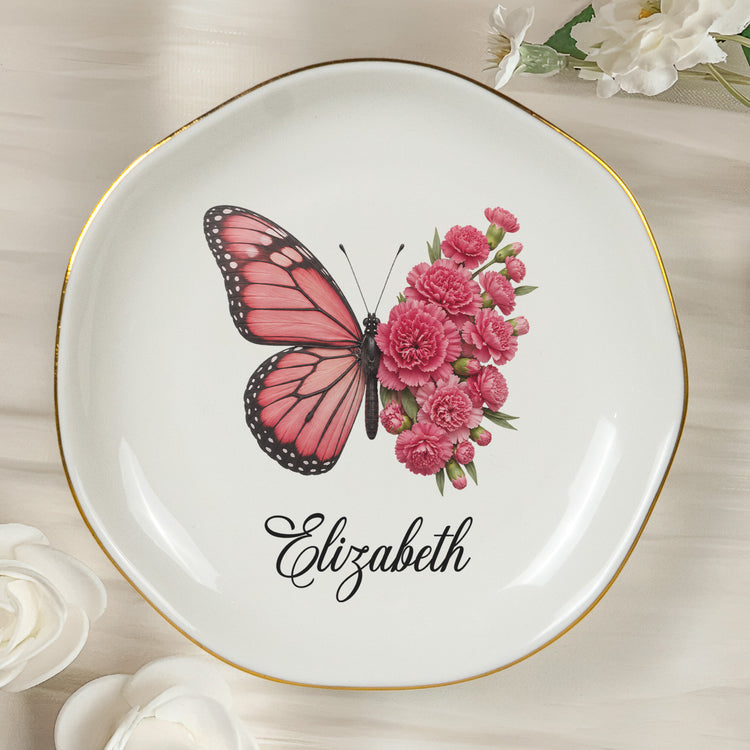 Custom Name & Birth Flower Butterfly Gifts For Her, Friends, Sisters - Personalized Jewelry Dish 5