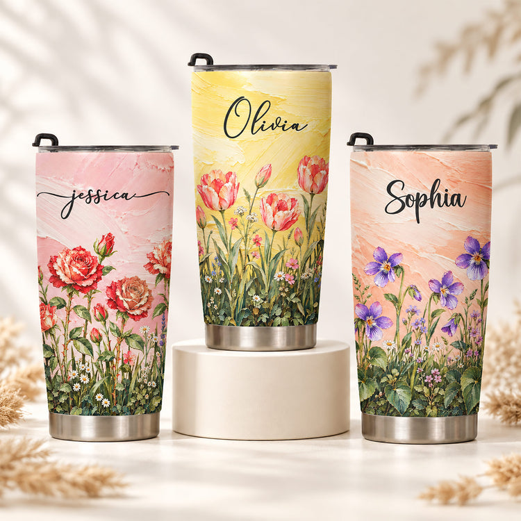 Custom Name & Birth Flower, Faux Oil Pastel Texture Gift For Girl, Besties, Her - Personalized Tumbler 2