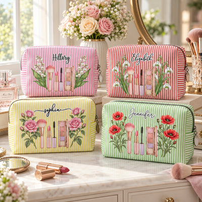 Custom Name & Birth Flower For Her BFF Besties Coworkers - Personalized Makeup Bag