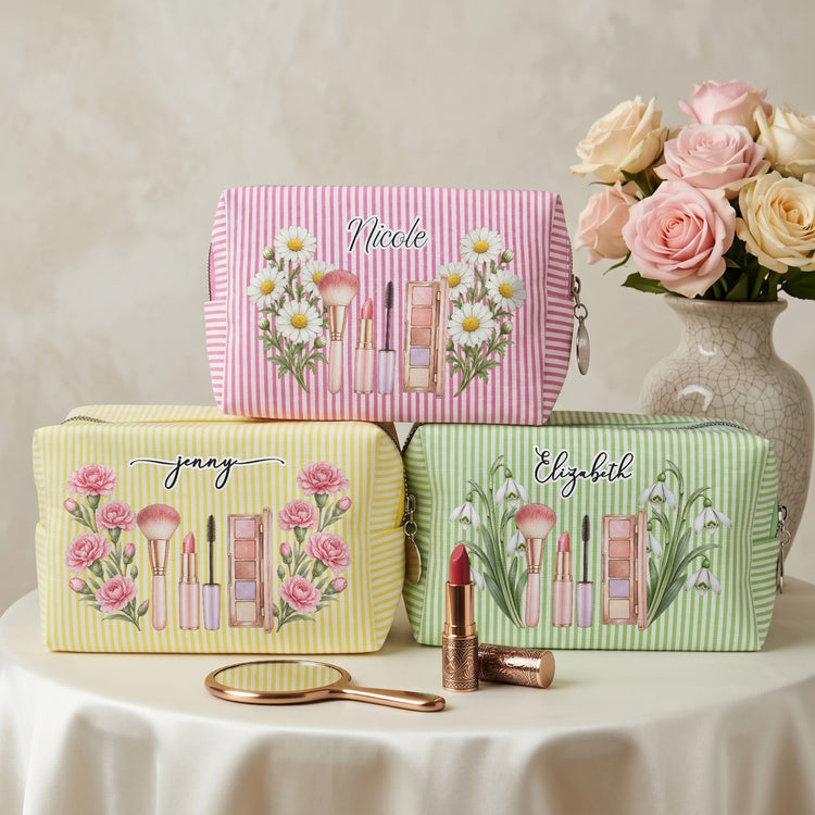Custom Name & Birth Flower For Her BFF Besties Coworkers - Personalized Makeup Bag 3