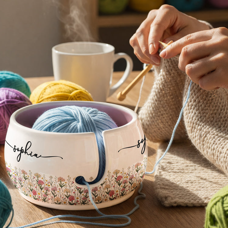 Custom Name & Birth Flower For Her, Daughter, Mom, Grandma, Knitting & Crochet Lovers - Personalized Yarn Bowl 3