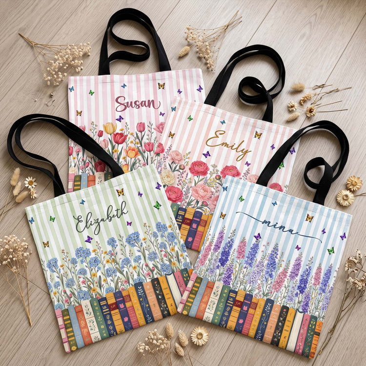 Custom Name & Birth Flower For Her, Friends, Book Lovers, Book Clubs, Daughter, Friends - Personalized Tote Bag 1