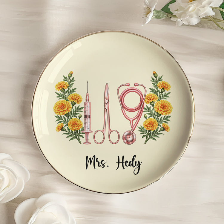 Custom Name & Birth Flower For Nurse Coworkers, Gifts For Her, Daughters, Sisters, Friends - Personalized Jewelry Dish 2
