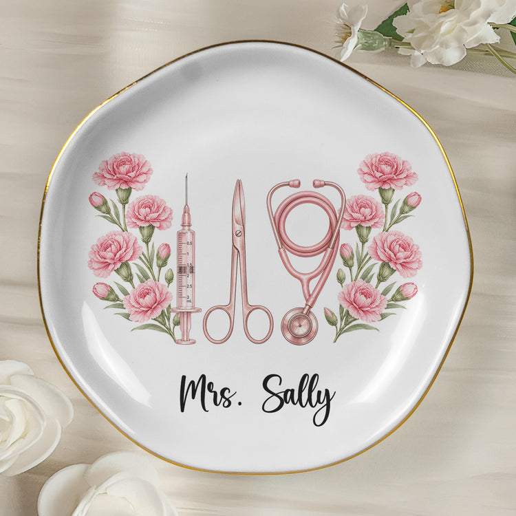 Custom Name & Birth Flower For Nurse Coworkers, Gifts For Her, Daughters, Sisters, Friends - Personalized Jewelry Dish 4