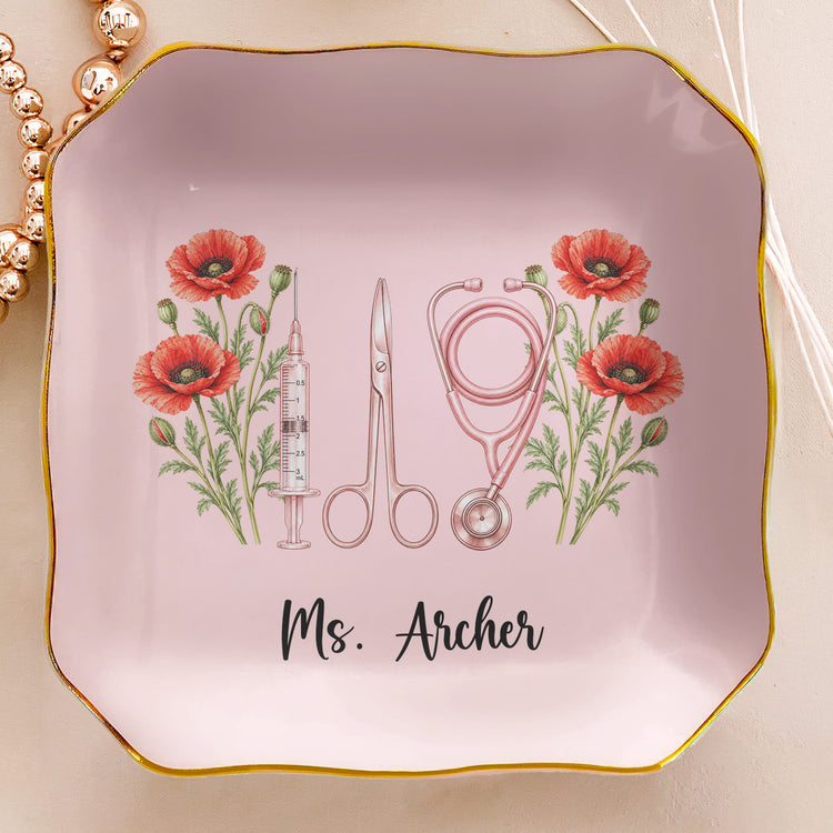 Custom Name & Birth Flower For Nurse Coworkers, Gifts For Her, Daughters, Sisters, Friends - Personalized Jewelry Dish 5