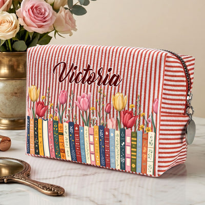 Custom Name & Birth Flower For Teachers, Friends, Coworkers, Boss - Personalized Makeup Bag