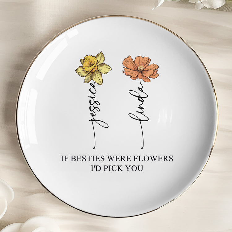 Custom Name & Birth Flower Friendship Ring Dish For Her, Friends, Soul Sisters - Personalized Jewelry Dish 2