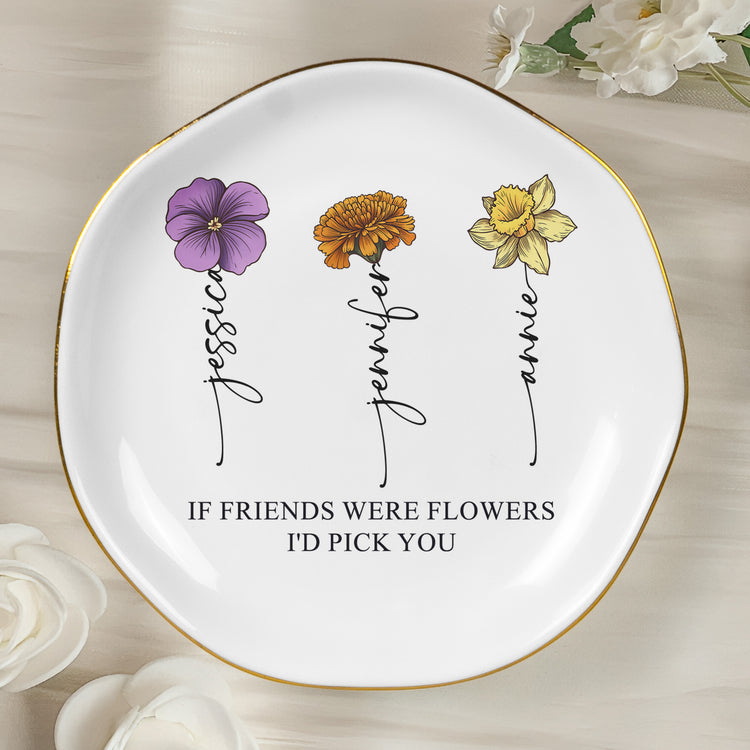 Custom Name & Birth Flower Friendship Ring Dish For Her, Friends, Soul Sisters - Personalized Jewelry Dish 3