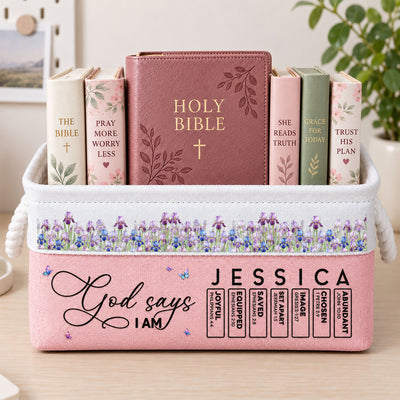 New Version God Says I Am Name & Birth Flower For Her - Personalized Storage Basket