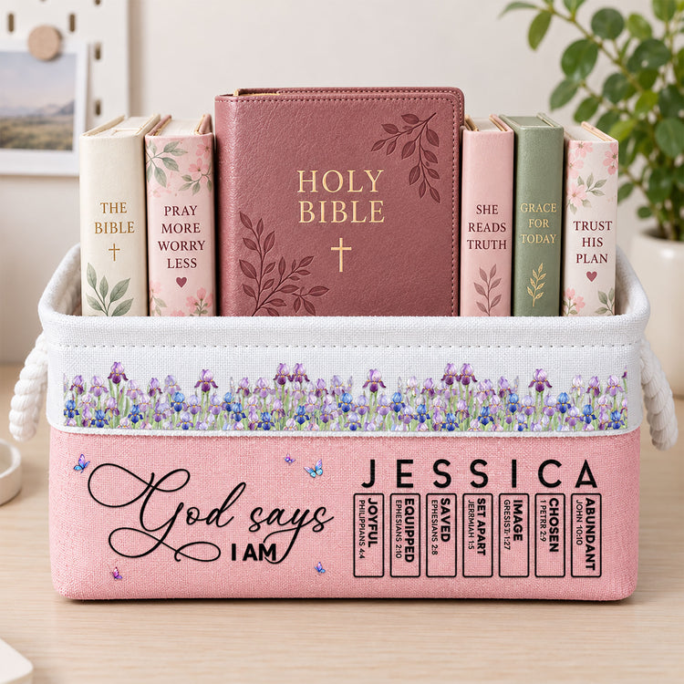 New Version God Says I Am Name & Birth Flower For Her - Personalized Storage Basket 1