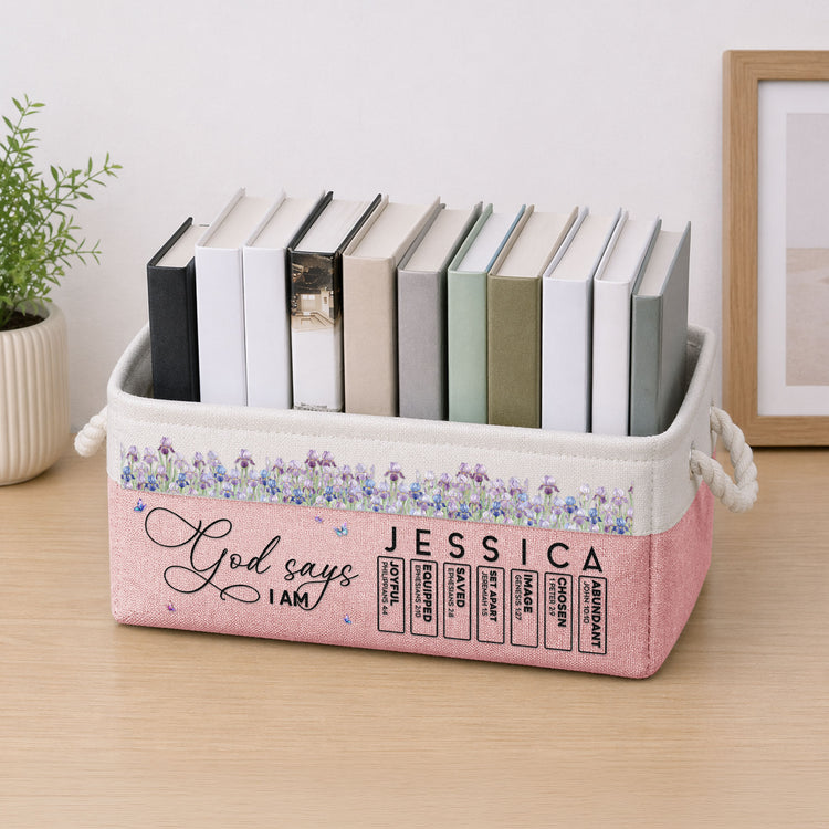 New Version God Says I Am Name & Birth Flower For Her - Personalized Storage Basket 2