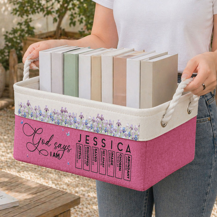 New Version God Says I Am Name & Birth Flower For Her - Personalized Storage Basket 3