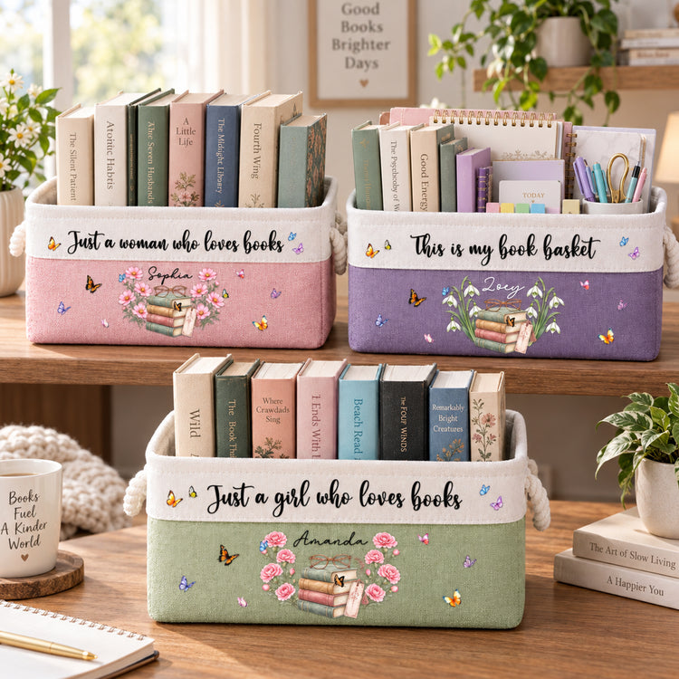 Custom Name & Birth Flower Just A Girl Who Loves Books New Version - Personalized Storage Basket 1