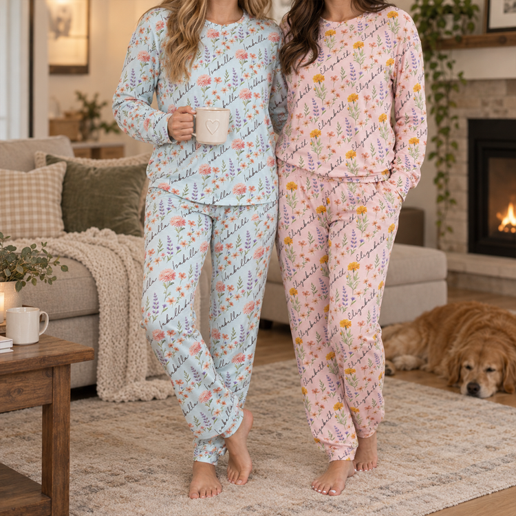 Custom Name & Birth Flower Long Sleeve Pajamas Set Gifts For Her, Friends, Sisters, Daughters, Grandkids - Personalized Pajamas 1
