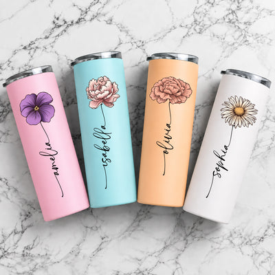 Custom Name & Birth Flower Skinny Tumbler Gift For Her - Personalized Tumbler