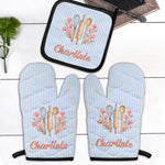 Custom Name & Birth Flower Striped Pattern - Personalized Oven Mitts And Pot Holder 1