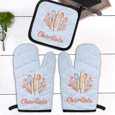 Custom Name & Birth Flower Striped Pattern - Personalized Oven Mitts And Pot Holder