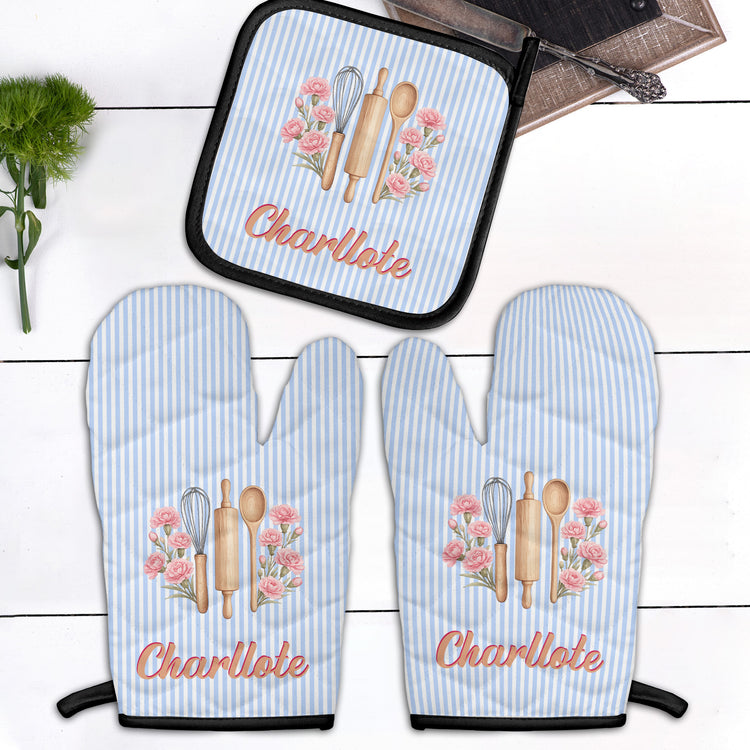 Custom Name & Birth Flower Striped Pattern - Personalized Oven Mitts And Pot Holder 1