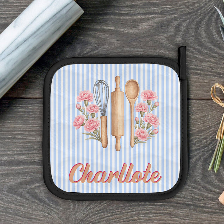 Custom Name & Birth Flower Striped Pattern - Personalized Oven Mitts And Pot Holder 2
