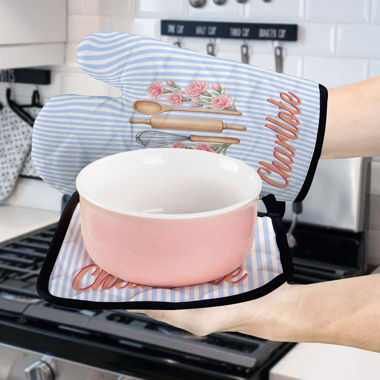 Custom Name & Birth Flower Striped Pattern - Personalized Oven Mitts And Pot Holder 3