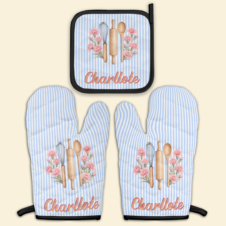 Custom Name & Birth Flower Striped Pattern - Personalized Oven Mitts And Pot Holder 6