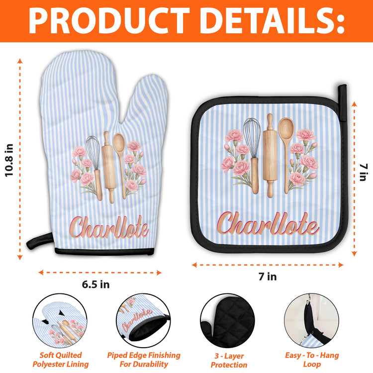 Custom Name & Birth Flower Striped Pattern - Personalized Oven Mitts And Pot Holder 7
