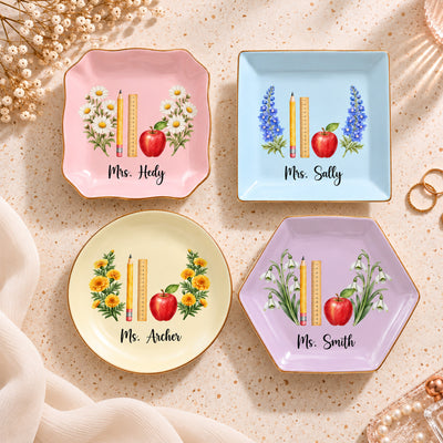 Custom Name & Birth FLower Thank You Back To School Gifts For Teacher - Personalized Jewelry Dish