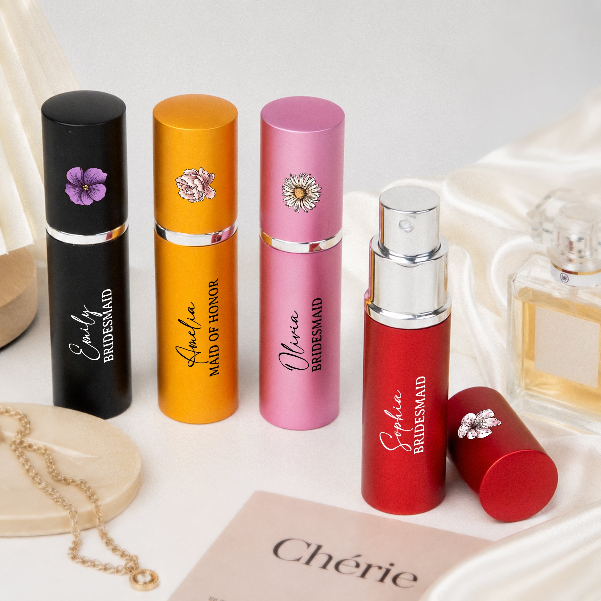 Custom Name & Birth Flower Wedding Gifts For Her, Bridesmaid - Personalized Mini Perfume Bottle 1